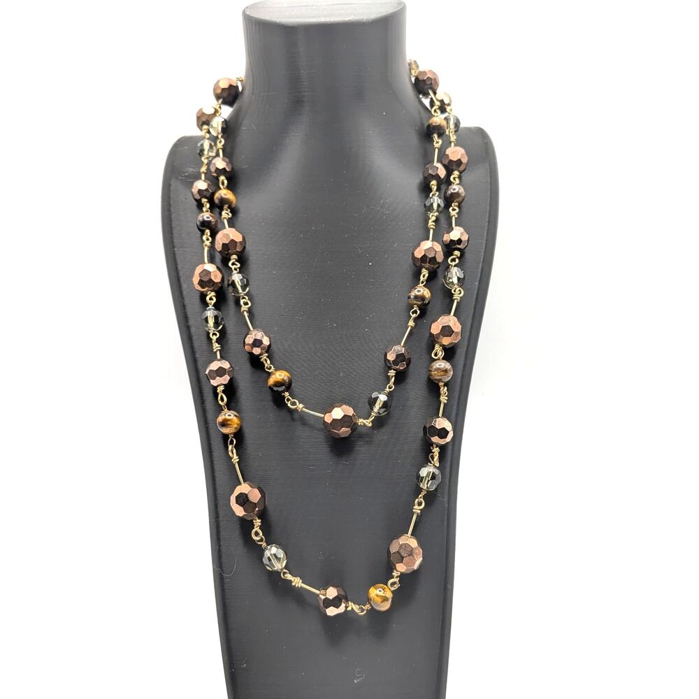 COOKIE LEE Long Beaded Necklace Bronze Faceted Crystal Tiger Eye 42" Layering